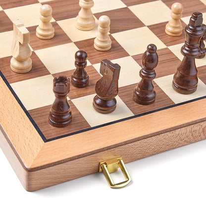 AMEROUS Magnetic Wooden Chess Set 15 Inches Handmade Wooden Folding Travel Chess Board Game Sets with Chessmen Storage Slots for Kids and Adults 2 Bonus Extra Queens Gift Box Packed