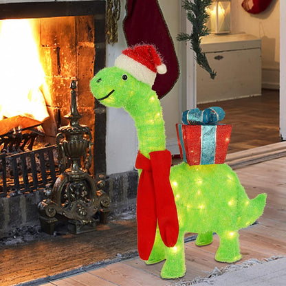 WATERGLIDE 27-Inch Lighted Christmas Dinosaur | Pre-Lit 3D Brachiosaurus Yard Decor with Gift Box