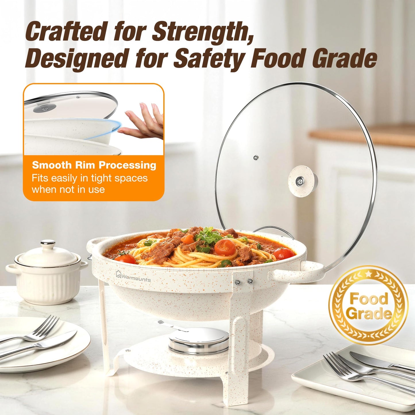 WARMOUNTS 5QT Chafing Dishes for Buffet Set, White Maifan Coated Stainless Steel Food Warmers for Parties Catering, Stackable Buffet Servers with Glass Lid & Holder 4 Pack