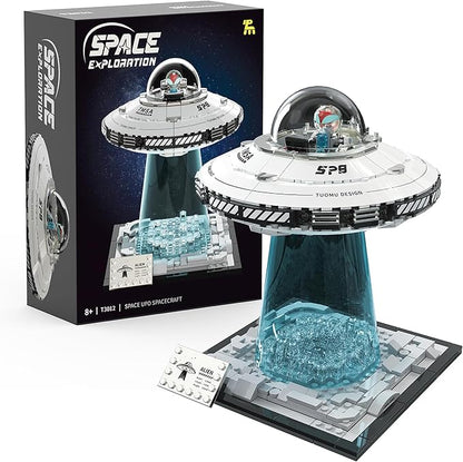 UFO Spaceship Building Block Set Creative UFO&ampAlien Building Set Space Exploration Spaceship Brick Dual LED Lights and Transparent Base Model for UFO Lover CollectionGifts for Ages 8+