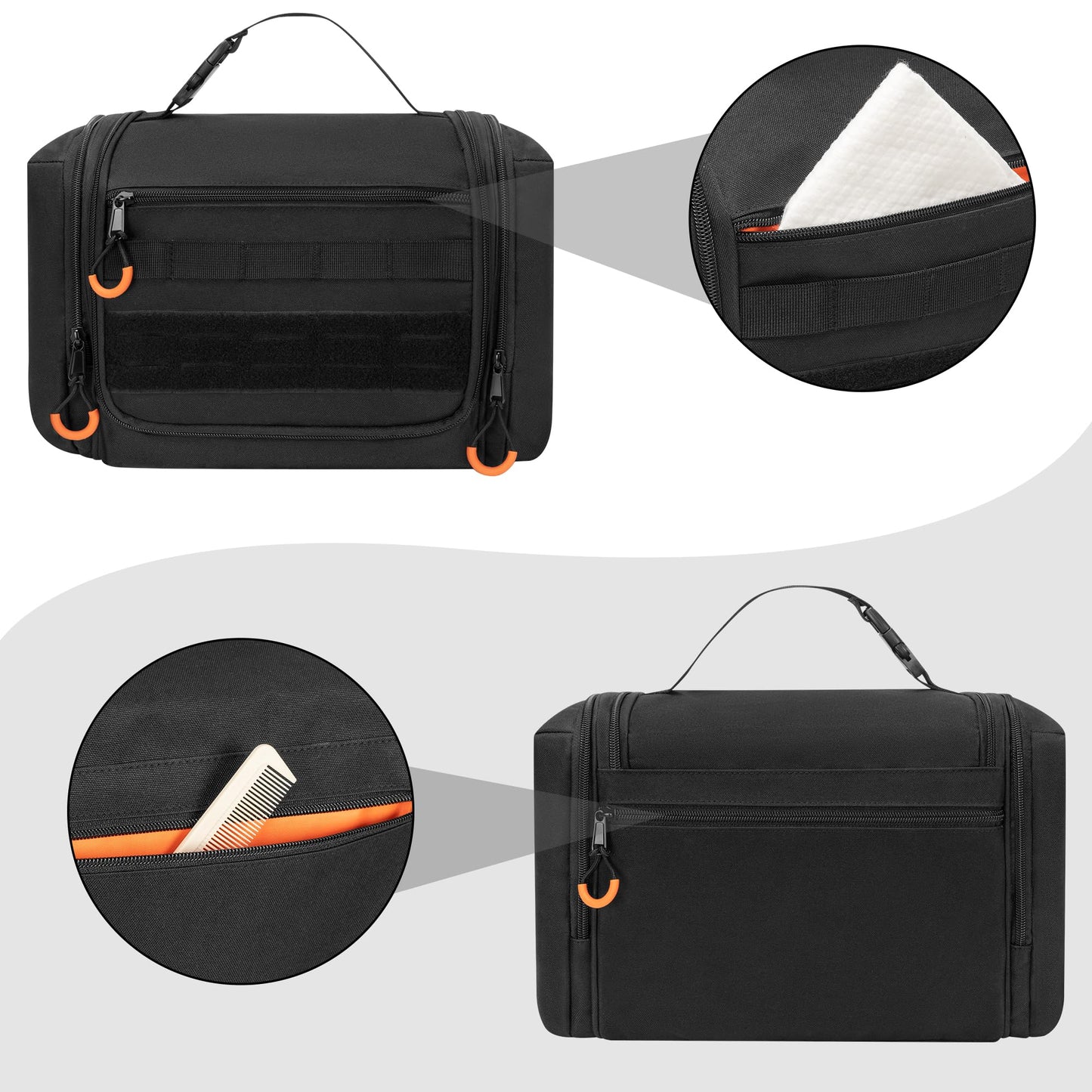 Prokva Tactical Toiletry Travel Bag for Men, Hanging Dopp Kit Hygiene Bag Shower Organizer with Hook for Toiletries and Shaving Care, Black (Empty Bag)