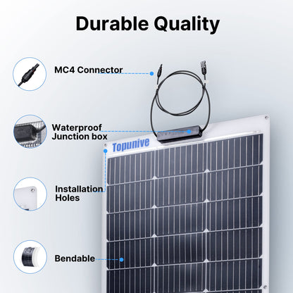Topunive 100W 12V Flexible Solar Panel 9BB Monocrystalline Cell 12 Volt Semi-Flexible for Marine RV Trailer Boat Cabin Van Car Uneven Surfaces 12V Battery Charge