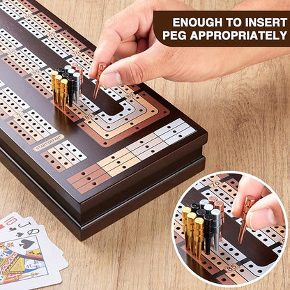 VAMSLOVE Upgraded Wooden 4-Track Cribbage Board Game Magnetic Scoreboard with Large Slots for Storing 2 Playing Cards and 12 Metal Pegs Travel Family Game Night (Instruction Included)