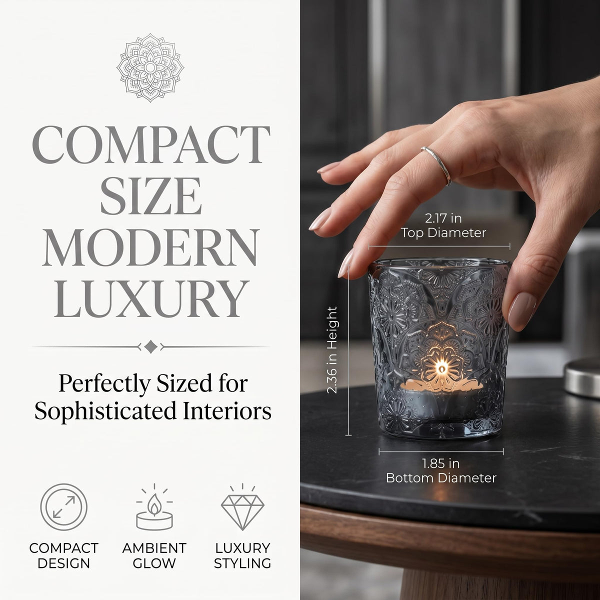 6 Pack Mandala Embossed Glass Candle Holders – Votive Tealight Holders with Patent Design, Decorative Embossed Glass Cups for Wedding Centerpieces, Parties, and Home Décor (Smoky Quartz)