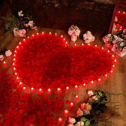 Coume 6000 Pieces Artificial Rose Petal 72 Pieces LED Tealights Candle, Romantic Decorations Special Night Rose Petal Heart Candle for Valentines Wedding Anniversary Proposal Decor(Red Light)