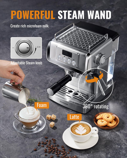 SHARDOR 20-Bar Espresso Machine for Home Barista, Espresso Coffee Maker with Temp Display, Built-In Steam Wand for Latte & Cappuccino, Stainless Steel, 1350W, 60oz Water Reservoir