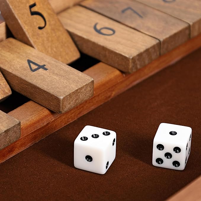 WE Games Shut The Box Game Wooden – 9 Number Flip Tiles with Dark Stained Wooden Box Perfect for Game Night Math Games Clackers Family Games Adult Dice Games Board Games for Adults 11 inches