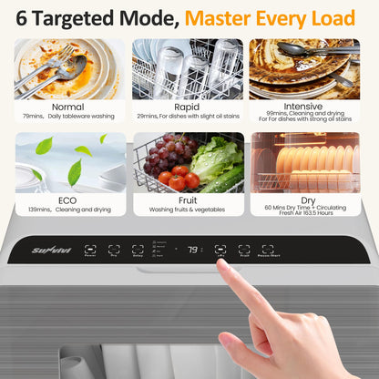 Sunvivi Portable Dishwasher with 152OZ Water Tank, 18" Countertop Dishwasher Machine fits up to 12" plates, Energy Star, 6 Preset Mode, 12H Delay Start, Small Dish Washer for Dorm RV&Apartment, White