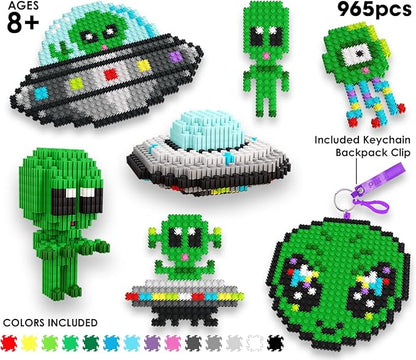 Pix Brix Space Bottle – UFO Set | 965-Piece 2D &amp 3D Alien Building Kit for Kids 8+ | Reusable Storage Bottle Keychain Clip Pixel Art Blocks | Creative STEM Toy Compatible with Major Brick Brand