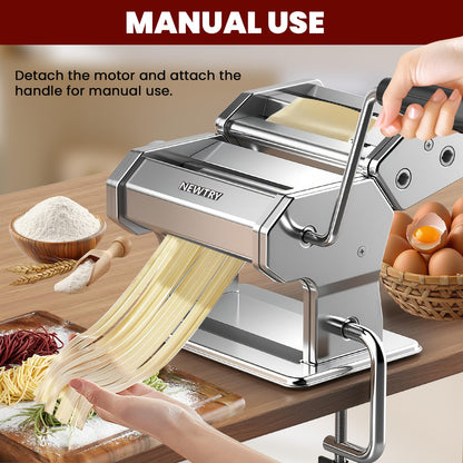 NEWTRY Electric Pasta Maker Machine Noodle Making Dough Roller Press with Detachable Motor 0.2-0.5mm Dough Sheet Thickness Adjustable 1.5mm Pasta 6mm Fettuccine Cutter 110volt for Home Use