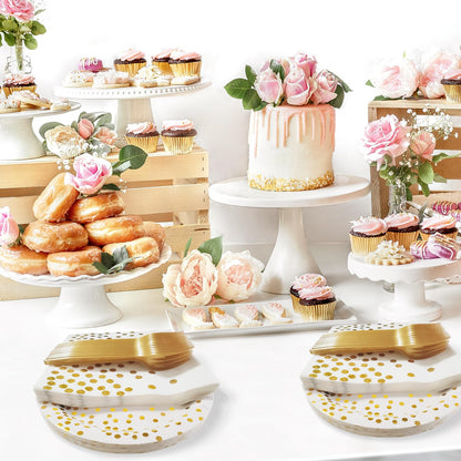 WXLDGHQ White and Gold Paper Plates Napkins Party Supplies,Disposable Gold Dot Paper Dessert Plates,105 PCS Birthday Plates and Napkins Party Supplies for Wedding(Serves 35 Guests 7")