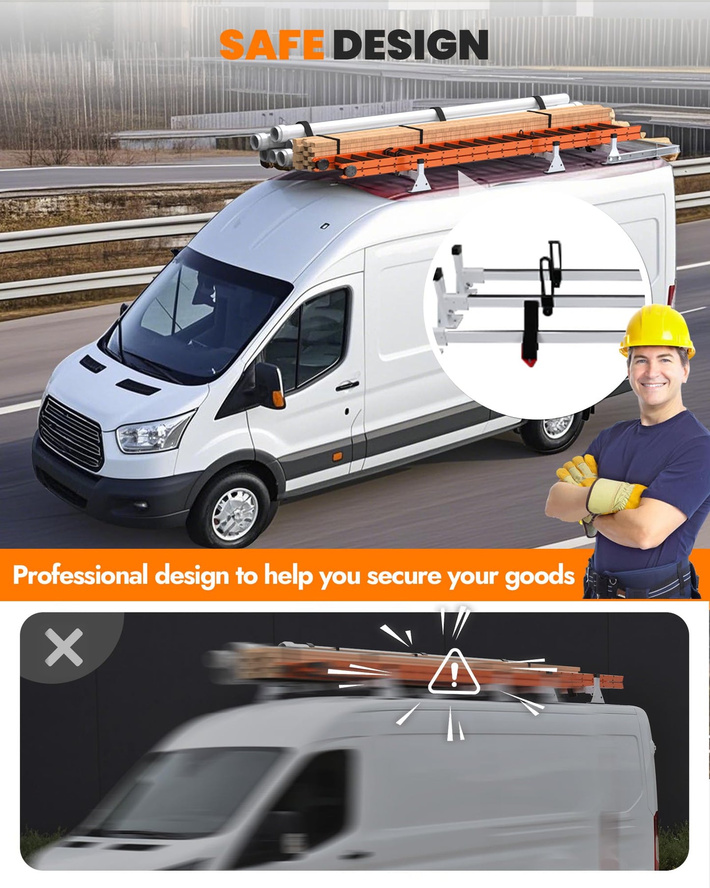 MELIPRON Van Ladder Rack Fit for 2015-2026 Ford Transit 150 250 350, Heavy Duty Steel Cargo Van Roof Rack with Rear Roller, No Drilling, 800LB Capacity for Contractors
