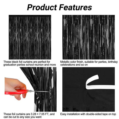 2 Pack Halloween Photo Backdrop, 3.28 FT x 7.05 FT Orange and Black Party Streamer, Metallic Foil Fringe Curtains Tinsel Backdrop, Halloween Birthday Party Decorations Hanging Decor Indoor