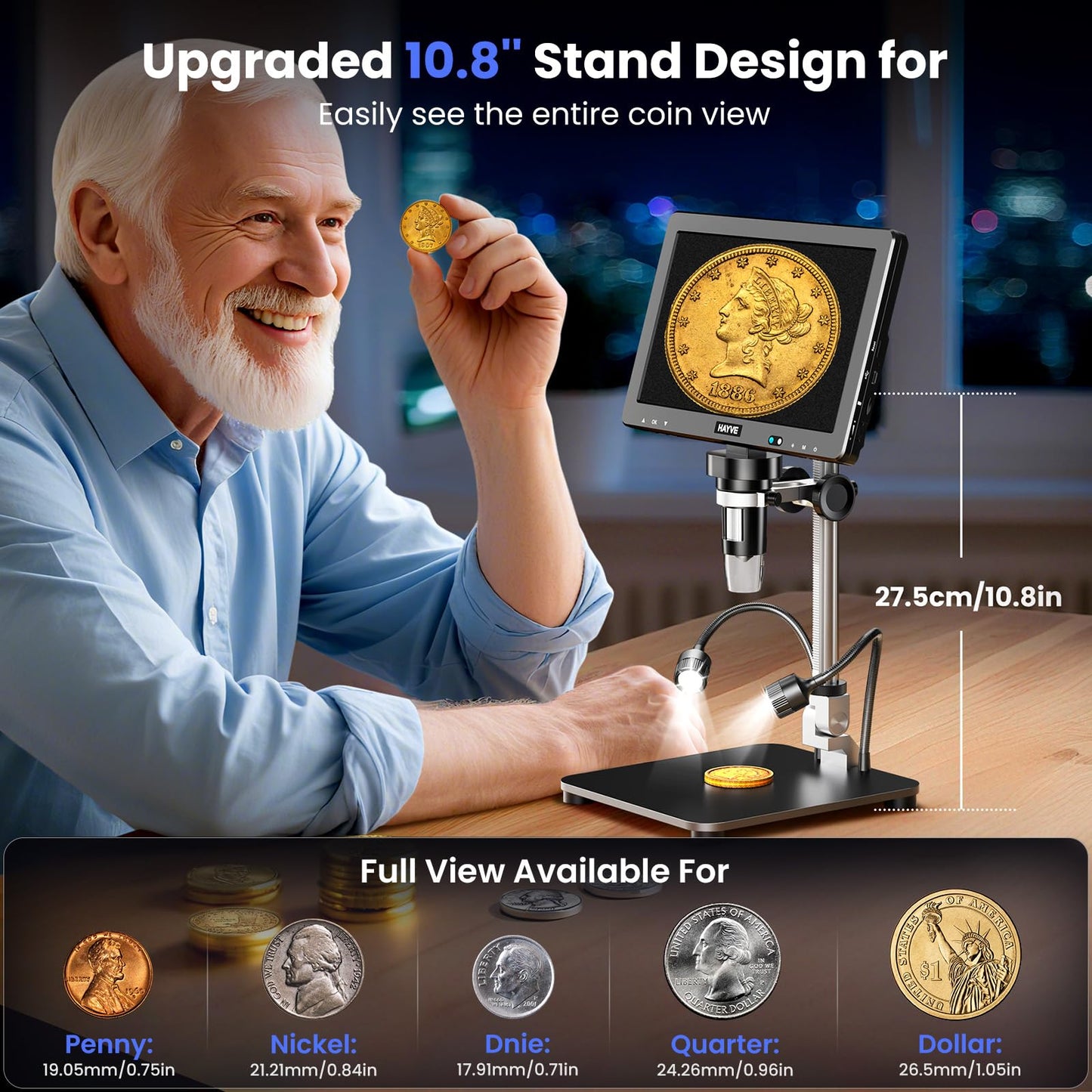 Hayve DM13 10.1 Inch LCD Digital Microscope, 16MP 2000X HD IPS Soldering Microscopes for Adults, Electronics Repair, Coin Microscope Magnifier for Error Coins with Screen, 10 LED Lights