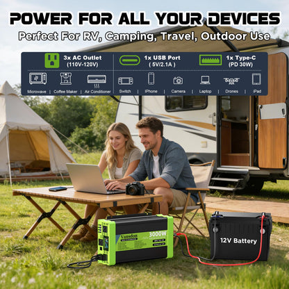 Vansdon 3000W Pure Sine Wave Inverter 12V DC to 120V AC Power Inverters for RV,Truck, Solar, Home, Off-Grid, Car with LCD Display, 3 AC Outlet, 30W USB-C, 5V 2.1A USB,Remote Control, Surge 6000W