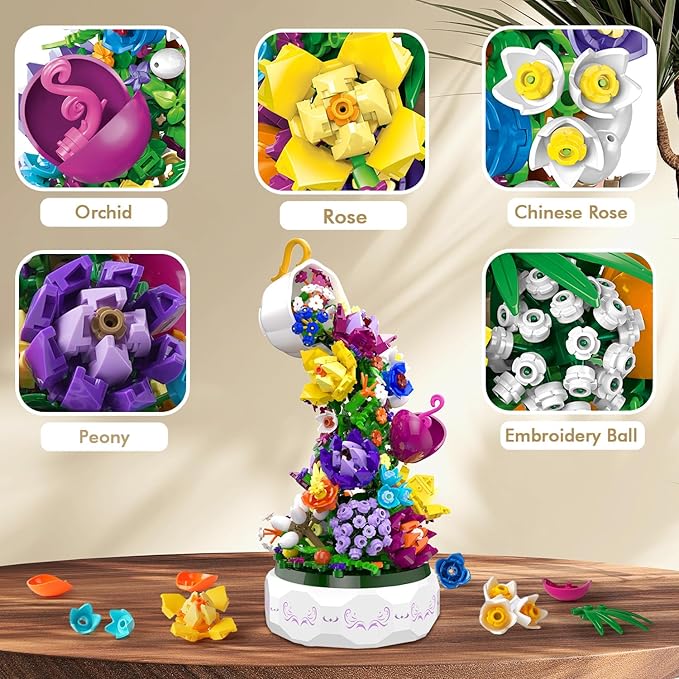 HOGOKIDS Flowers Music Box Building Block Kit with Light- 571PCS Valentines Day Gifts Decoration Rotating Music Box Blocks Set | Botanical Collection Birthday Gift Girls Boys Adults Kids Ages 6+