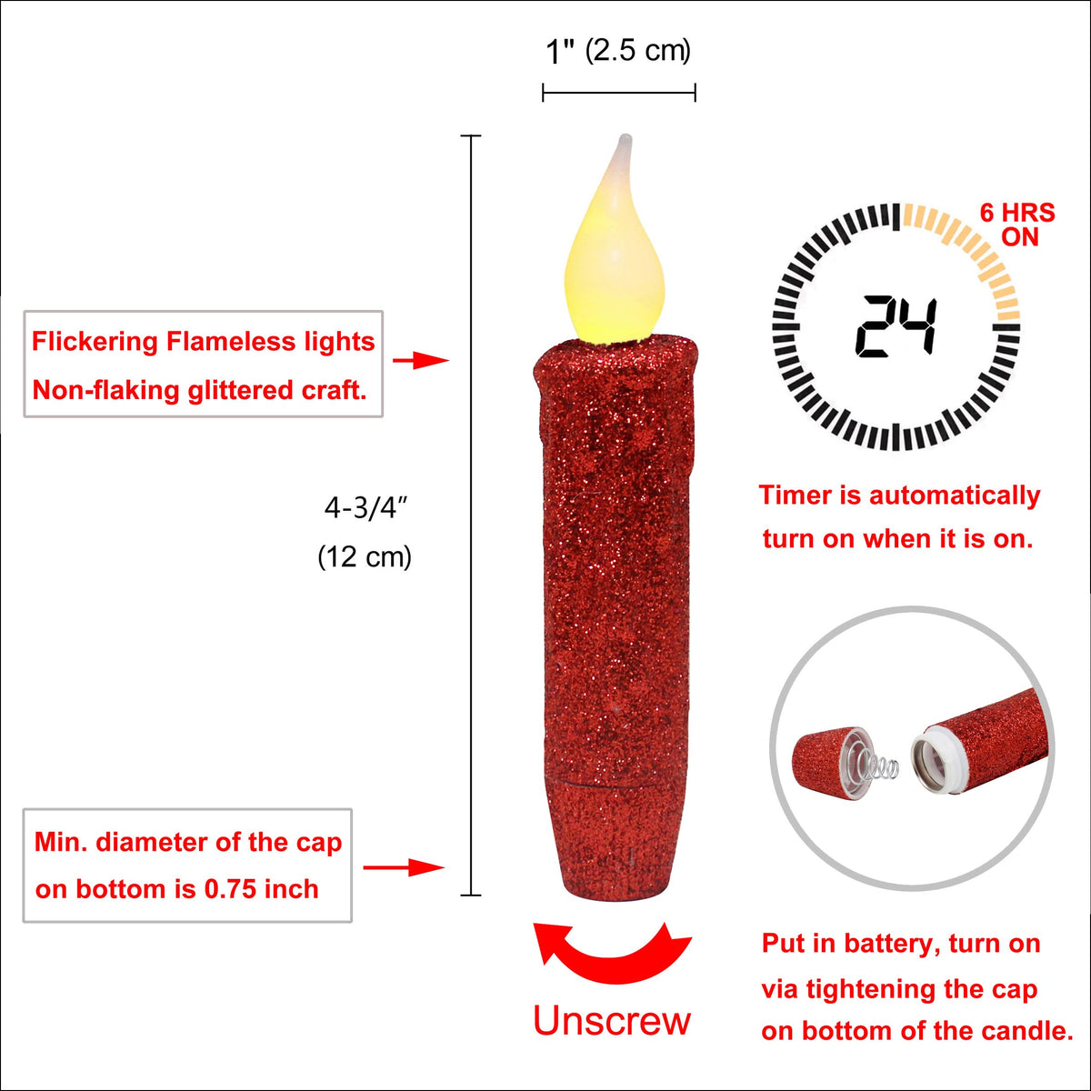 CVHOMEDECO. Glitter Flameless Candles Flickering Battery Operated LED Taper Candles with Timer for Home, Wedding, Halloween, Christmas Decor. Red, 4-3/4 Inch, Set of 2