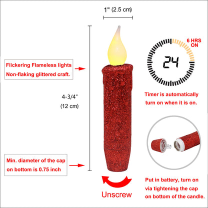 CVHOMEDECO. Glitter Flameless Candles Flickering Battery Operated LED Taper Candles with Timer for Home, Wedding, Halloween, Christmas Decor. Red, 4-3/4 Inch, Set of 2