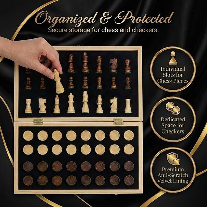 Wooden Magnetic Chess Set &amp Checkers Board Game 15” Foldable Chess Board | Solid Wood 2-in-1 Board Game for Adults with Storage Box 2 Extra Queens Portable Travel Chess Set for Kids &amp Begin