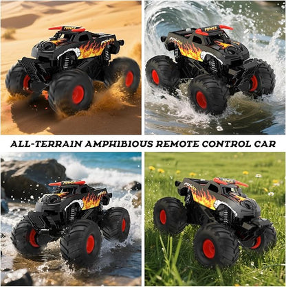 Amphibious Remote Control Car 4WD | Waterproof RC Cars with Dual Spray Mist &amp Led Lights1:16 RC Monster Truck for All Terrain Off-Road Pickup Toys Gifts for Boys/Girls Age 8-12+