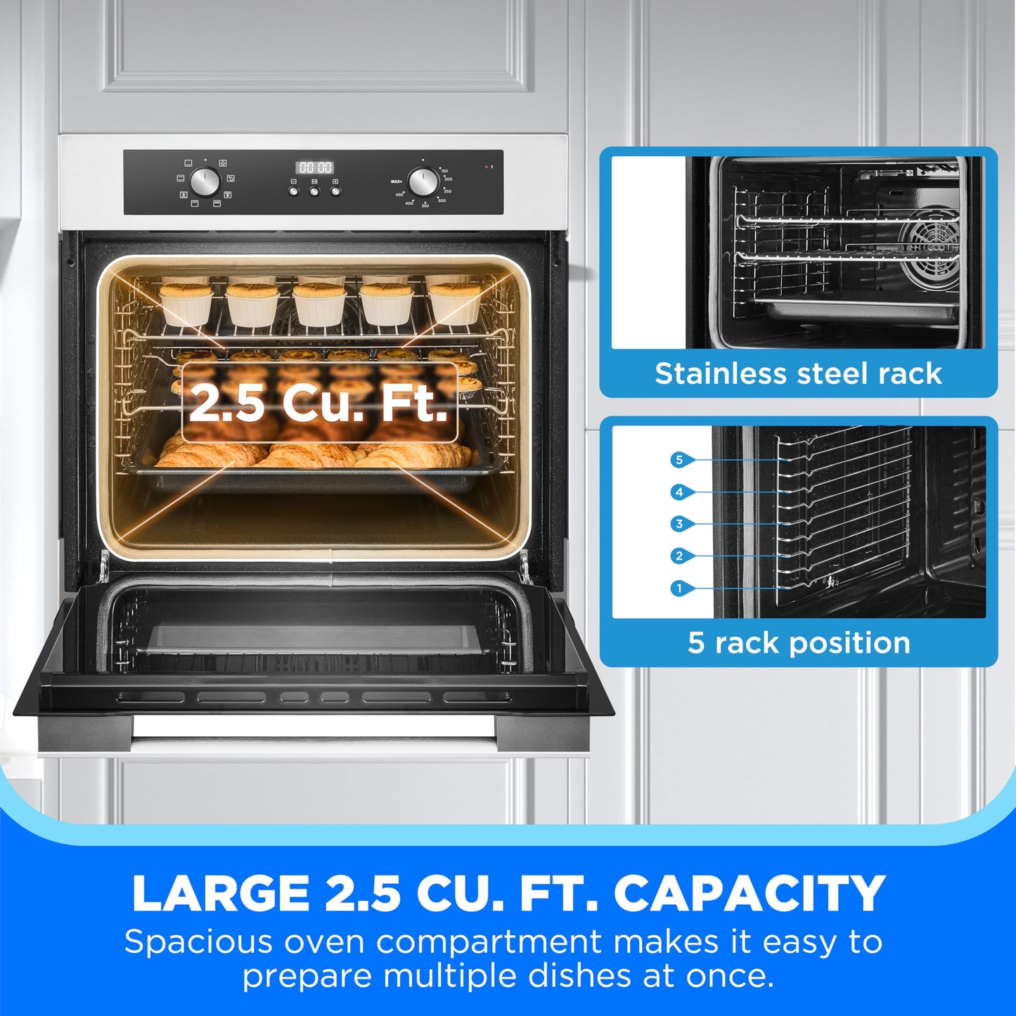 Midea 24" Single Electronic Wall Oven, 2.5 Cu. Ft.-Capacity, Built-in Oven with 8-in-1 Cooking Modes, Stainless Steel