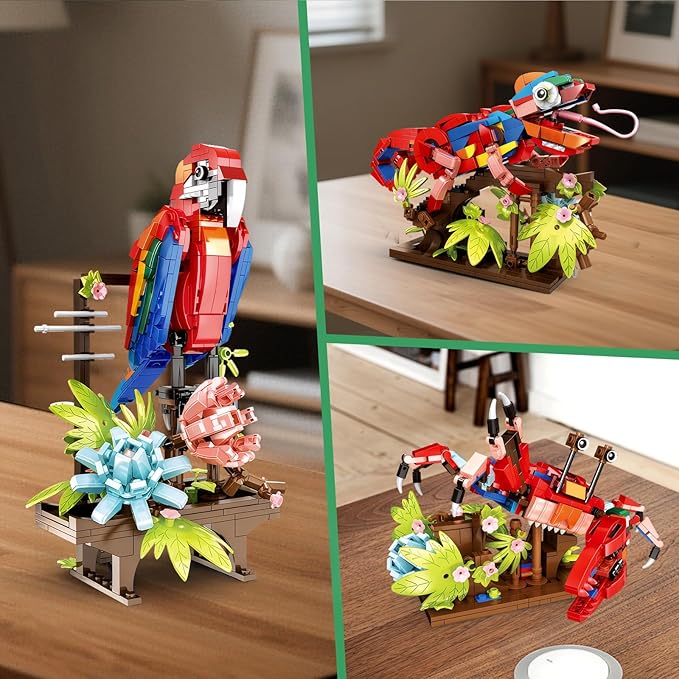 3 in 1 Animals Parrot Chameleon Crab Building Block Set Flowers Botanical Animal Building Toy Compatible with Lego Creative Construction Gift for Adults Kids Boys Girls 6+(538PCS)