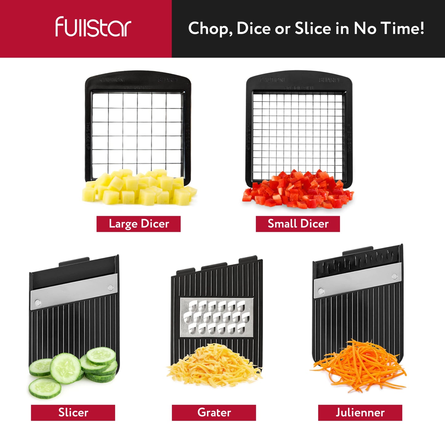 Fullstar All-in-1 Vegetable Chopper and Mandoline Slicer for Kitchen - Cheese Grater, French Fry Cutter, Cheese Slicer - Bonus Handheld Spiralizer Included (6 in 1, Black/White)