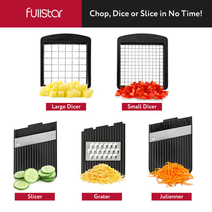 Fullstar All-in-1 Vegetable Chopper and Mandoline Slicer for Kitchen - Cheese Grater, French Fry Cutter, Cheese Slicer - Bonus Handheld Spiralizer Included (6 in 1, Black/White)