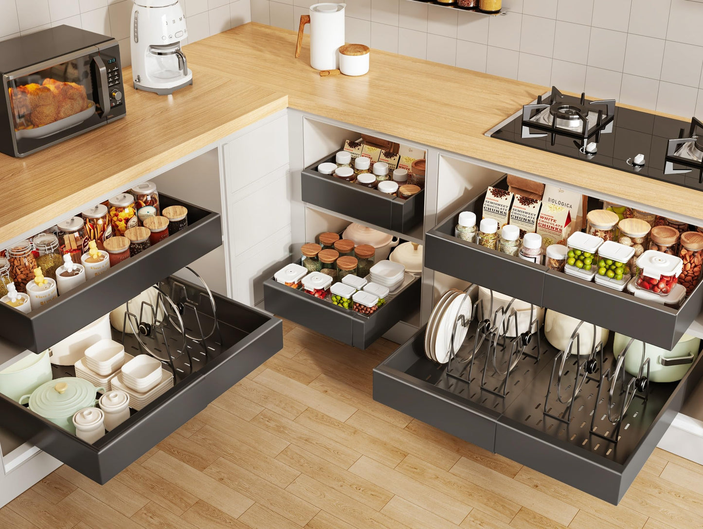 Seinloes 6 Pack Pull out Cabinet Organizer 21"Deep with Raising Pad for Framed Cabinets, Expandable Slide out Drawers for Kitchen Cabinets with 6pcs Divider Racks, Roll out Shelves 12.1"-20.4" W Black