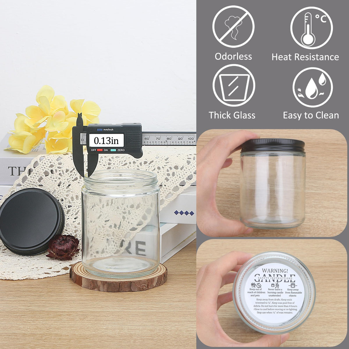 MILIVIXAY 12 Pack 8 OZ Thick Glass Clear Candle Jars with All Black Metal Lids-Bulk Empty Candle Jars for Making Candles-Canning Jar for Spice, Liquid, Sample- Dishwasher Safe.
