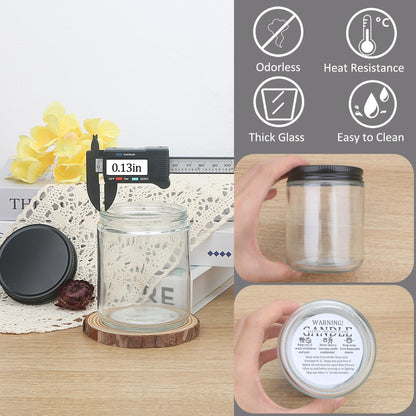 MILIVIXAY 12 Pack 8 OZ Thick Glass Clear Candle Jars with All Black Metal Lids-Bulk Empty Candle Jars for Making Candles-Canning Jar for Spice, Liquid, Sample- Dishwasher Safe.