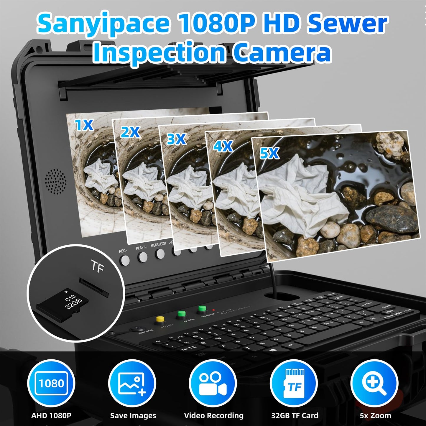 Sanyipace Self-Leveling Sewer Camera 165FT/50M with Wheels and Retractable Handle, Drain Camera with 512Hz Probe, Meter Counter, Video & Audio Record Speaker, Keyboard Input, 5X Zoom, 10" HD Screen