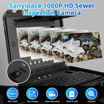 Sanyipace Self-Leveling Sewer Camera 165FT/50M with Wheels and Retractable Handle, Drain Camera with 512Hz Probe, Meter Counter, Video & Audio Record Speaker, Keyboard Input, 5X Zoom, 10" HD Screen