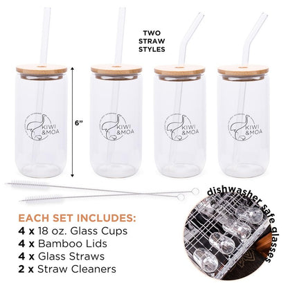 KIWI & MOA Drinking Glasses 18oz Capacity, with Bamboo Lids and Glass Straws, Set of 4, for Mixed Drinks, Cocktails, Beer, Iced Coffee/Tea, Fresh Juice, Smoothies, Parties/Gifts (Branded)