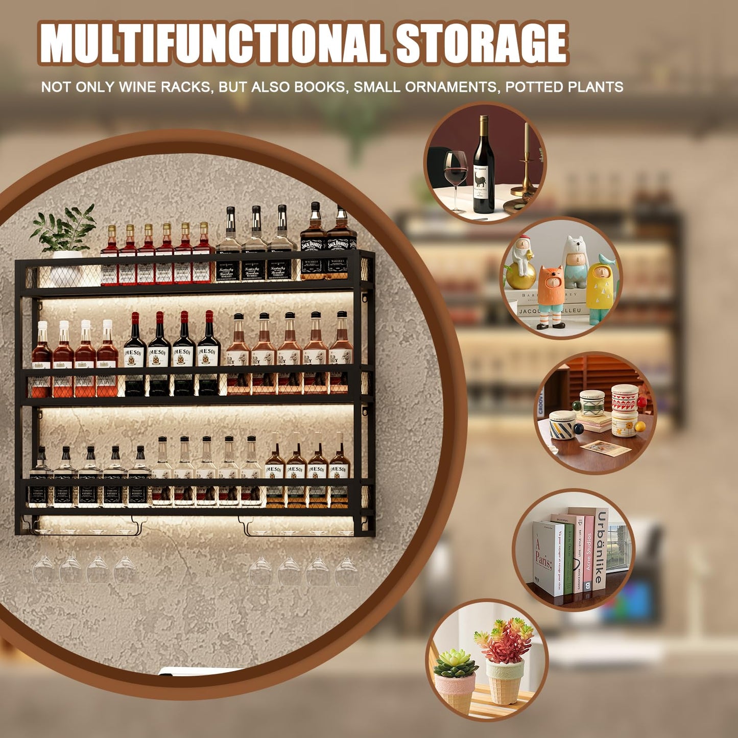 Rindaix Wine Rack with LED Light Metal Wine Rack Wall Mounted, 3-Tiers Bar Liquor Shelf with Wine Glass Holder, Industrial Liquor Bottle Display Storage Shelf for Home Bar, Dining Room (Black, 100cm)