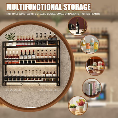 Rindaix Wine Rack with LED Light Metal Wine Rack Wall Mounted, 3-Tiers Bar Liquor Shelf with Wine Glass Holder, Industrial Liquor Bottle Display Storage Shelf for Home Bar, Dining Room (Black, 100cm)