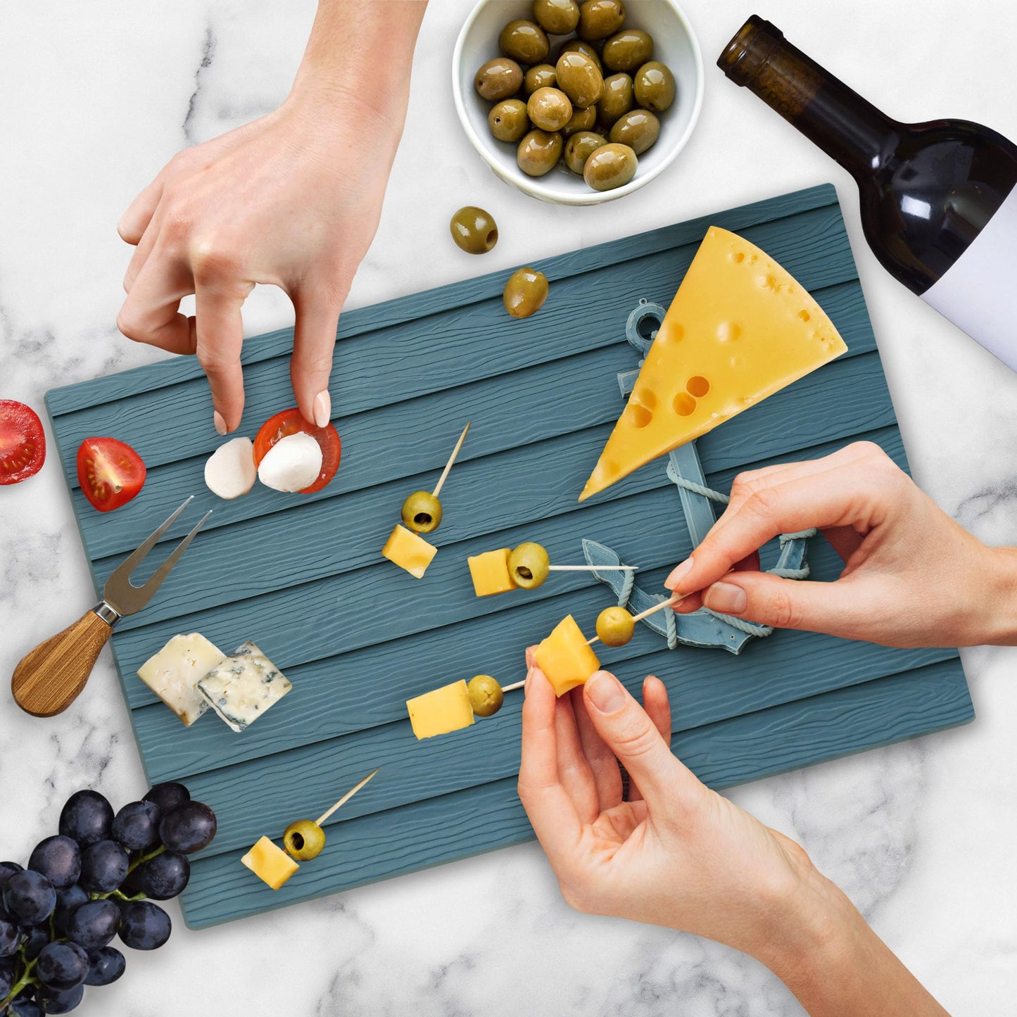 Lunarable Nautical Cutting Board, Anchor with Marine on Wood Background Sea Ocean Life Coast Cruise Theme, Decorative Tempered Glass Cutting and Serving Board, Large Size, Slate Blue