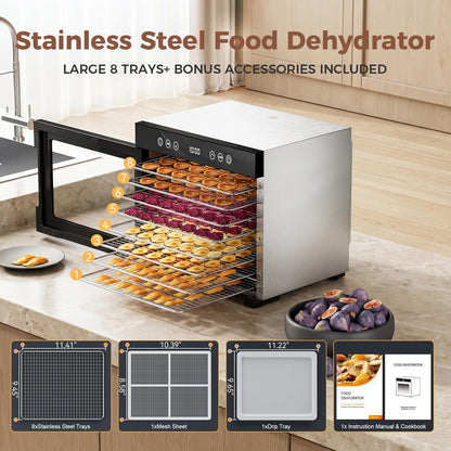 Food Dehydrator machine, 8-Tray Stainless Steel Food Dryer with Timer & Temp Controls, Even-Drying and Auto Shut-off, Quiet Dehydrator Machine for Jerky, Fruit, Herbs, Dog Treats, 650W Powerful