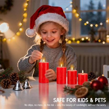 AFINETH Red Flameless Pillar Candles, Battery Operated Wax Candles with Remote, Flat Top Flickering Christmas LED Candle Decorations for Xmas, Home, Party Decor, Set of 4