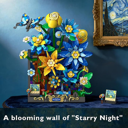 Starry Night Flower Wall Building Set with Lights Botanical Collection Famous Painting Artwork Building Block with Butterfly 1008 PCS Home Wall Decor for Adults Girls 10+