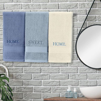 FuWeave Hand Towels Set - Rustic Embroidered Cotton for Bathroom & Kitchen | 3 Pcs Blue Home Sweet Home Decor