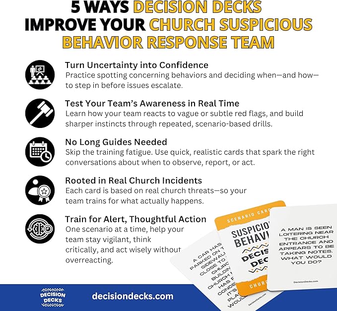 Church Safety and Security Decision Decks | 60 Suspicious Behavior Scenario Cards for Church Security Team Training Situational Awareness and Threat Recognition