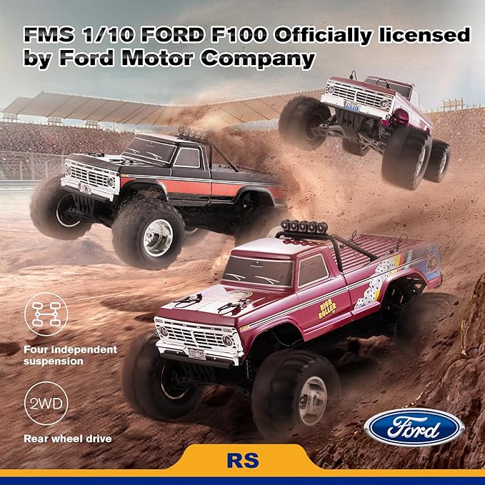 FMS 1/10 RC Truck Ford F100 – 2WD Monster Truck with Licensed Body 550 Brushed Motor Oil Shocks Independent Suspension – All-Terrain RC Crawler High Speed Off-Road RC Car for gift (FIRST BLOOD RS)