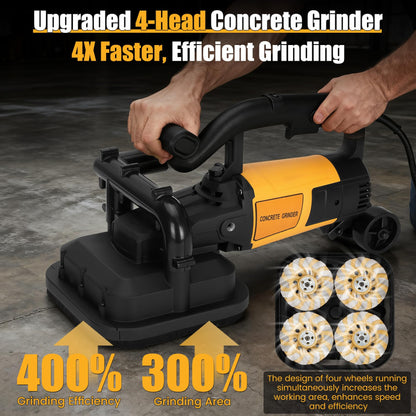 4-Head Concrete Floor Grinder Set, 3800W Concrete Grinder with 6-Speed Control, 6000 RPM Ergonomic Handle & Dust Collection Cover - Ideal for Surface Preparation, Cement, Marble Floors & Surfaces