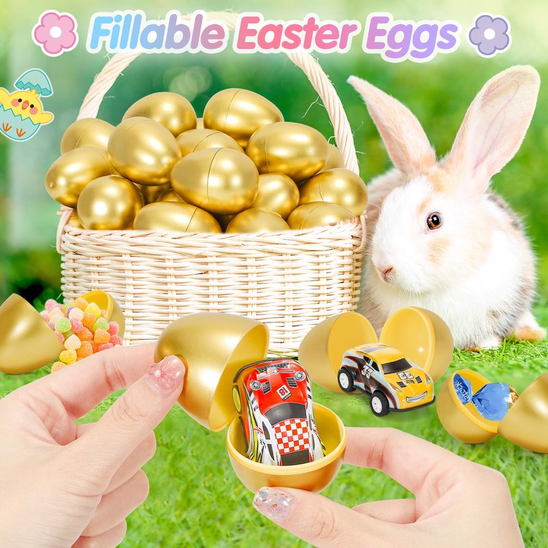 SevenQ Easter Eggs Empty 100Pcs, Fillable Plastic Golden Eggs for Easter Basket Stuffers Fidget Toy Easter Gifts for Kids Party Favors Pinata Treasure Box Candy Goodie Bags Fillers Egg Hunt Essentials