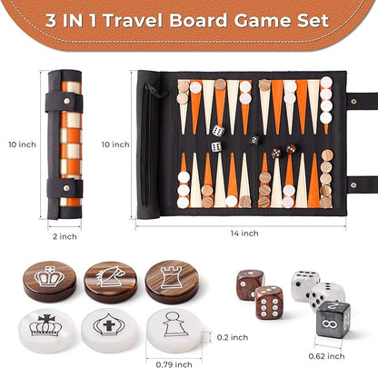 Woodronic 3 in 1 Travel Chess Checkers Backgammon Set Roll-up Leather Backgammon Game Set with 32 Pearl Textured Pieces and 5 Dices Portable Travel Strategy Board Game Set for Adult Navy Blue