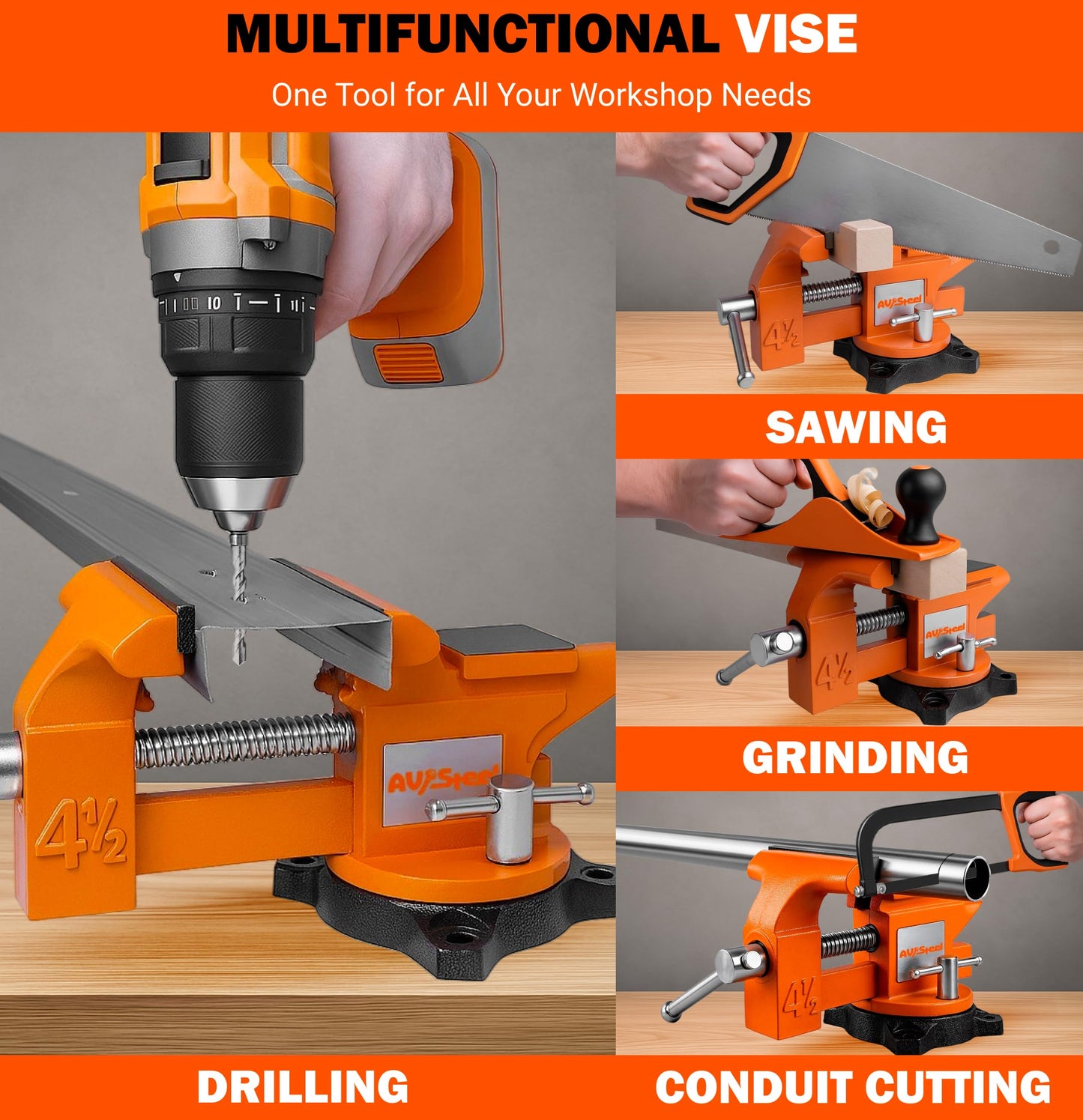 AV Steel 4-1/2" Bench Vise with 240° Flexible Swivel Locking Base and Anvil, High-Strength Multi-Purpose Workbench Vise Heavy-Duty, Cast Iron Workbench for Woodworking, Drilling, Pipe Cutting