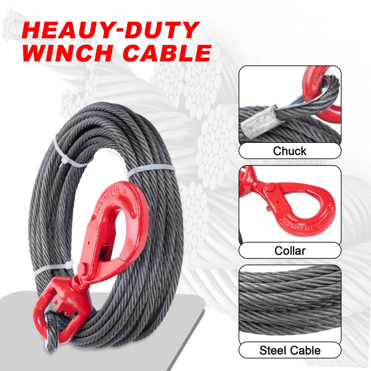 SajoSolid 3/8" x 75' Winch Cable with Safty Hook, 6 x 37 Strand Construction, Steel Winch Rope Heavy Duty 20,500 Lbs Breaking Strength, Tow Cable Suitable for Most Trailers and Heavy Lifting