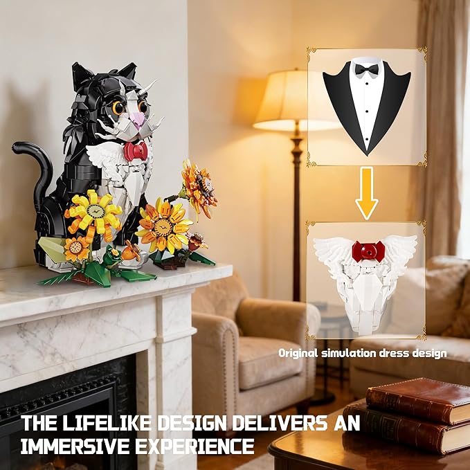 Tuxedo Cat Building Set with Sunflowers for Adults Ages 14+ Compatible with Lego Animal Kit for Home Living Room or Bedroom Decor Black - 1434PCS