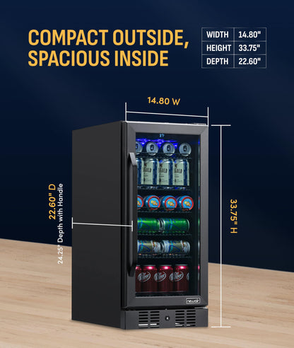 NewAir 96 Can Built-In Beverage Refrigerator | 15” Small Mini Fridge for Bedroom, Home Bar or Office | Quiet Cooling & Precise Temperature Control | Black Stainless Steel